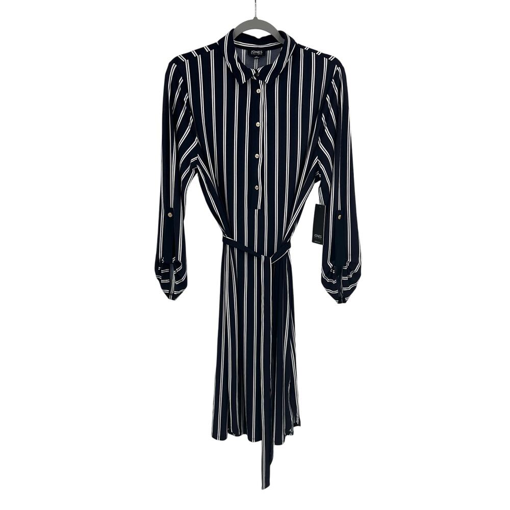 Jones New York Navy and White Striped Belted Shirt Dress Size 16